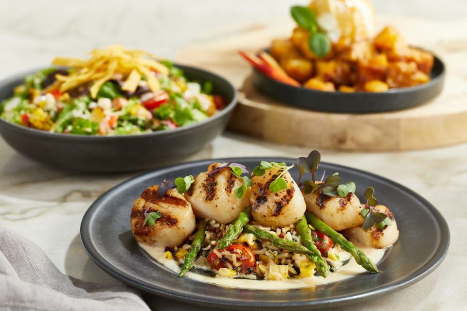 A gourmet dish featuring seared scallops on a bed of grains, asparagus, and vegetables, garnished with microgreens. Expert food photography for restaurants captures a mixed salad and roasted potatoes with garnish elegantly displayed in the background.