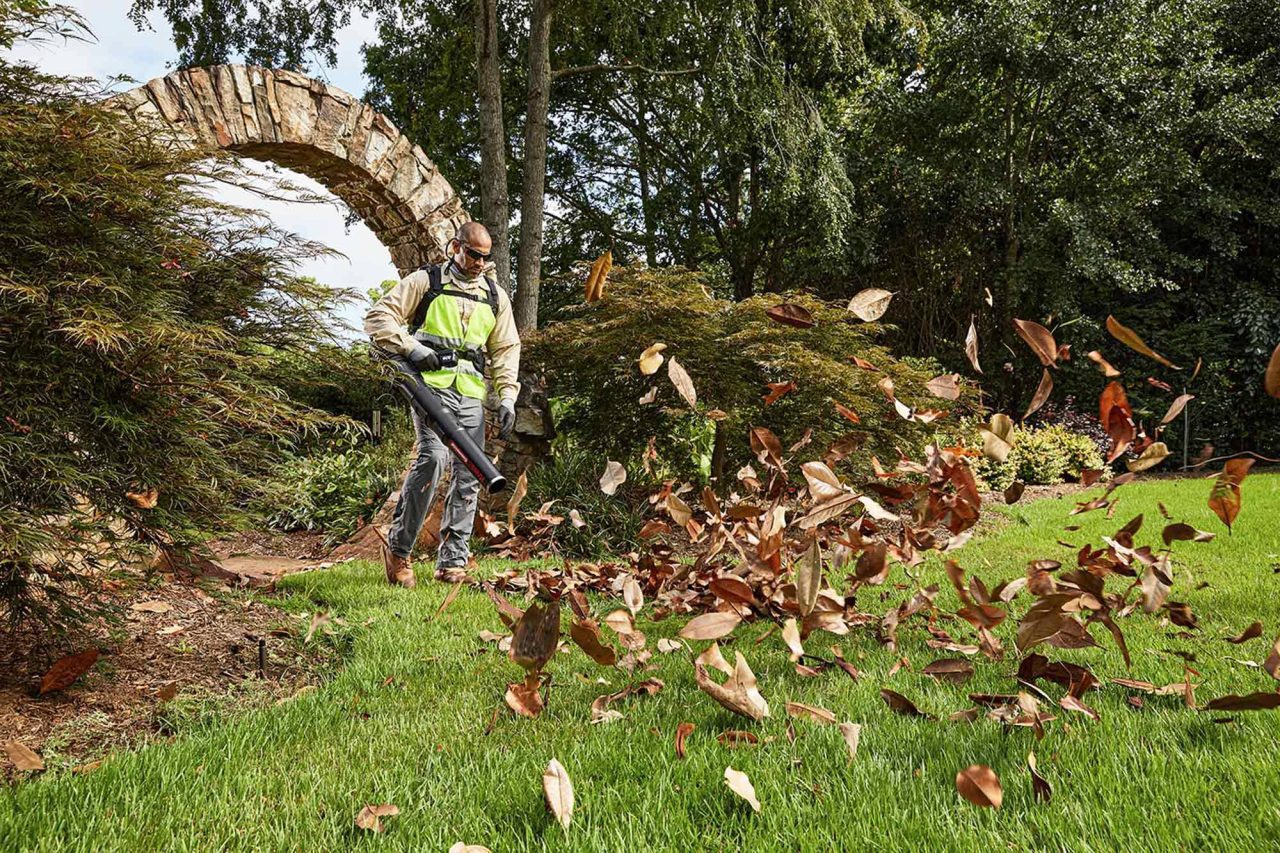 Photograph of a person using a leaf blower to scatter leaves off a green lawn.