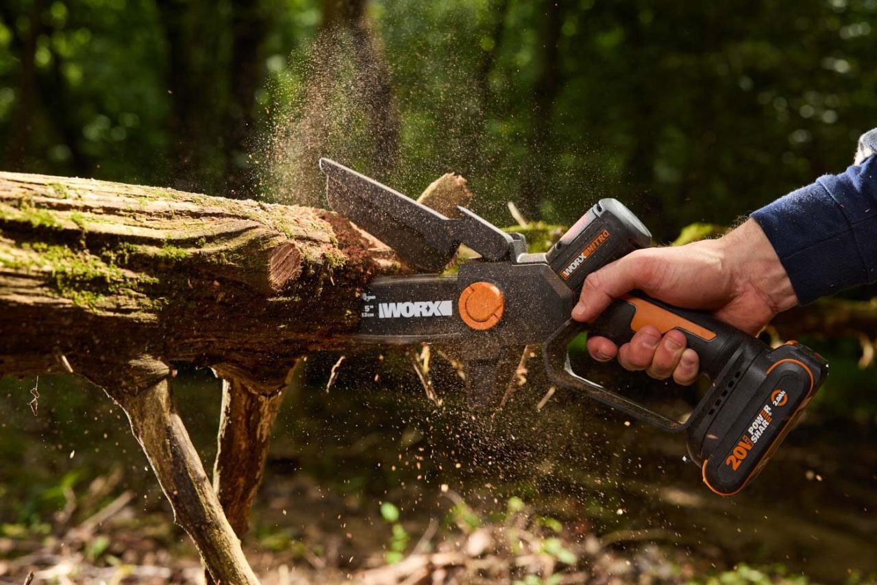 Close-up of a hand using a black and orange reciprocating saw to cut a log in a forest. Sawdust is flying as the saw works through the wood. Sunlight filters through the trees, highlighting the scene.