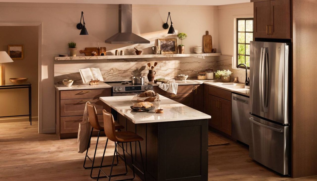 Photograph of modern kitchen interior with dramatic lighting and props.