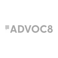 Logo of ADVOC8 featuring the name in bold, black letters with a stylized speech bubble icon on the left.