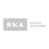 Logo with a gray rectangle containing white letters "BNA." To the right, in black text, it reads "CPAS & ADVISORS." The design is simple and professional.