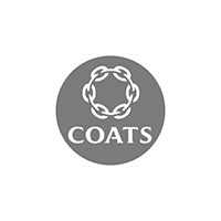 Gray circular logo featuring a stylized chain design above the word "COATS" in white capital letters.