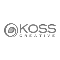 Logo of Koss Creative in grayscale with a stylized leaf inside a circle on the left.