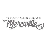 The image shows a logo with the words "Copper Dwelling Design Mercantile Co" in a handwritten script style. The text is gray on a white background.