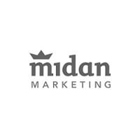 Logo of Midan Marketing, featuring the word "midan" in lowercase grey letters with a crown-like shape above the letter "i" and "MARKETING" written below in uppercase grey letters.