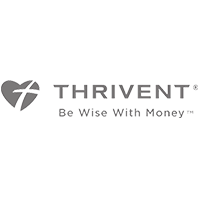 Logo of Thrivent featuring a heart with a cross on the left and the text "Thrivent" to the right. Below, it says "Be Wise With Money.