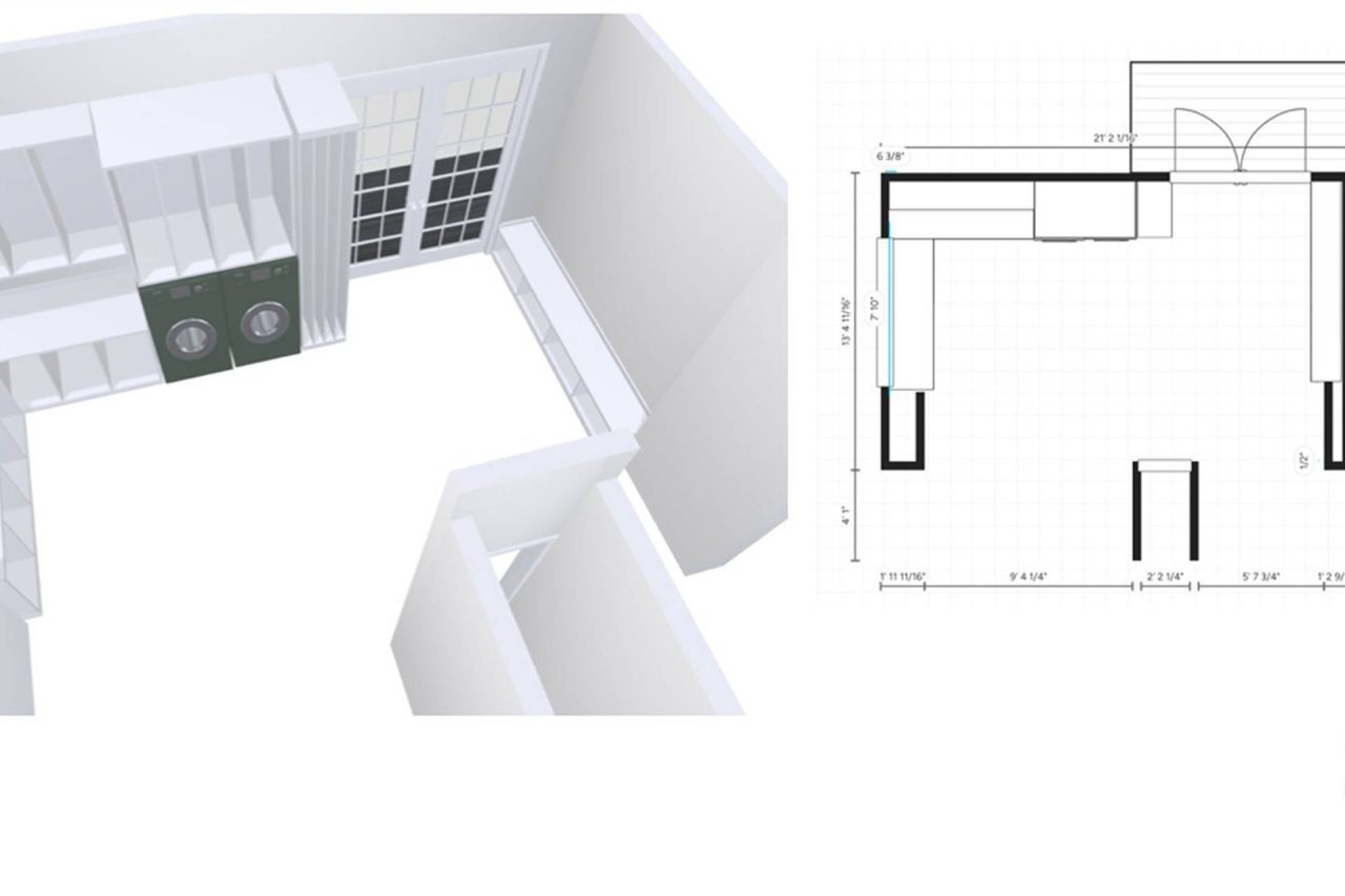 Computer rendering of a laundry room interior set with design blueprint.