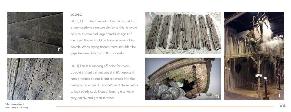 A design board featuring weathered wooden boards with holes, a shipwreck theme, and Halloween elements. Includes close-up images of the wood, a nautical jute rope, rocks, and fog accenting a rustic display in a dimly lit setting.