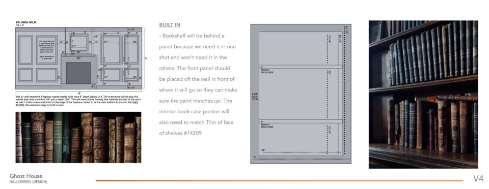 An architectural plan for a built-in bookshelf is shown on the left. The middle features a blueprint with dimensions. On the right are close-up photos of bookshelves filled with old books. Text discusses panel alignment and shelf specifications.