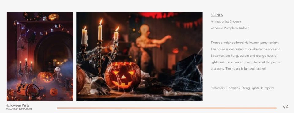 A dimly lit room decorated for a Halloween party. A carved pumpkin with a candle inside sits on a table with cobwebs and string lights. In the background, a person stands by a candelabra near a pumpkin stack. The scene is festive and eerie.