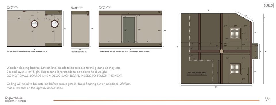 Blueprint-style design illustration showing plans for a wooden deck. Includes detailed measurements and specifications for flooring height and board placement. Text notes emphasize spacing and structural needs for stability and weight support.