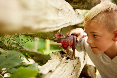 Photograph of a boy playing with a toy outside.